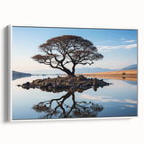 Framed canvas wall art showcasing a serene landscape with trees, designed in a modern style, featuring a white frame for a contemporary aesthetic.
