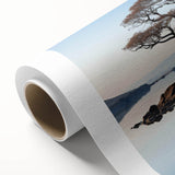 Rolled canvas artwork showcasing a serene landscape with vibrant green trees and a tranquil blue sky, ideal for enhancing home decor or office spaces.