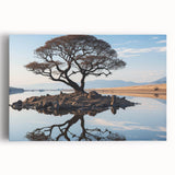 Stretched canvas wall art featuring a serene landscape with tall trees, rich green foliage, and a tranquil sky, perfect for enhancing home decor and creating a calming atmosphere.