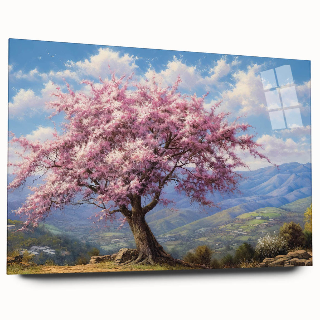 Acrylic glass wall art showcasing a stunning landscape design featuring vibrant trees, displayed from the side without pins, perfect for nature-themed decor.