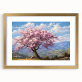 Framed wall art featuring a serene landscape with stylized trees, elegantly matted and presented in a gold frame, perfect for enhancing home decor.