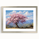 Framed wall art featuring a serene landscape of trees with a silver mat, showcasing intricate details and vibrant colors, perfect for home decor enhancement.