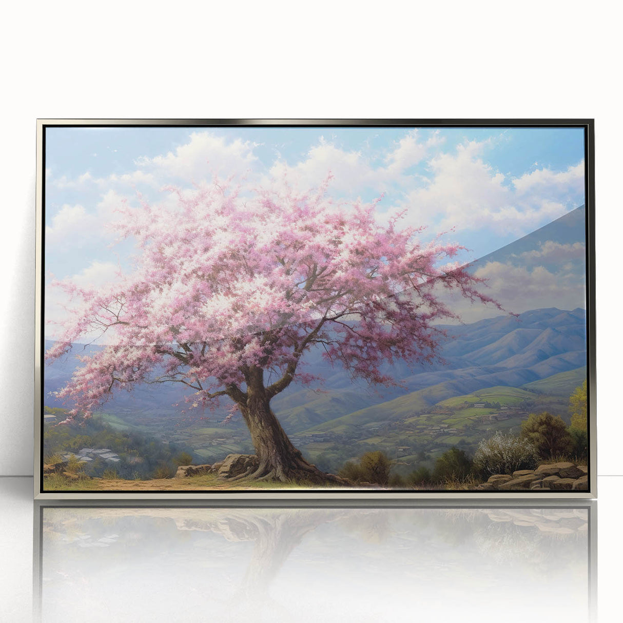 Framed acrylic wall art featuring a serene landscape with lush green trees and a silver frame, perfect for adding natural elegance to home decor.