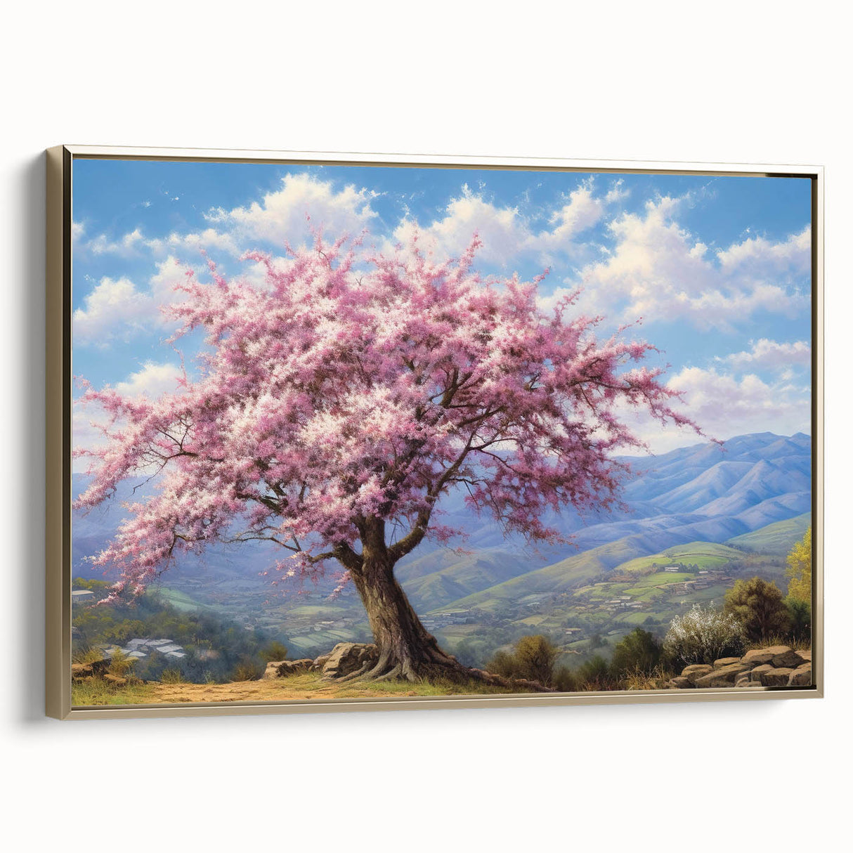 Framed canvas wall art showcasing a vibrant landscape design with trees in a gold frame, perfect for enhancing modern decor with nature-inspired elegance.