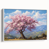 Framed canvas wall art depicting a serene landscape with lush green trees, designed to enhance modern interiors, viewed from the side against a white background.