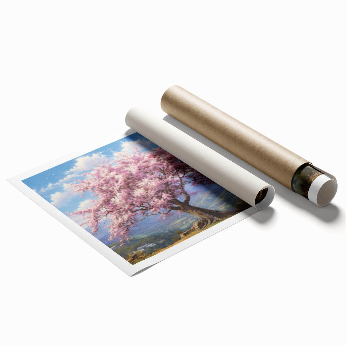 Rolled print showcasing a serene landscape design with trees in vibrant green hues, ideal for home decor, packaged securely in a protective tube.