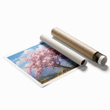 Rolled print showcasing a serene landscape design with trees in vibrant green hues, ideal for home decor, packaged securely in a protective tube.