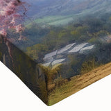 Close-up of a stretched canvas wall art design featuring vibrant green trees against a serene blue sky, perfect for elevating home decor with a nature theme. Ideal for adding a calming ambiance to living spaces or office environments.