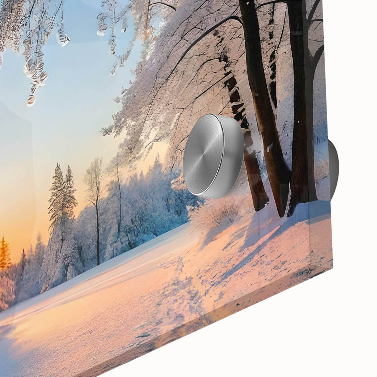 Close-up of a vibrant acrylic glass wall art piece featuring a detailed landscape design with lush trees, perfect for enhancing modern home decor. The artwork showcases vivid colors and intricate textures, making it an eye-catching focal point.