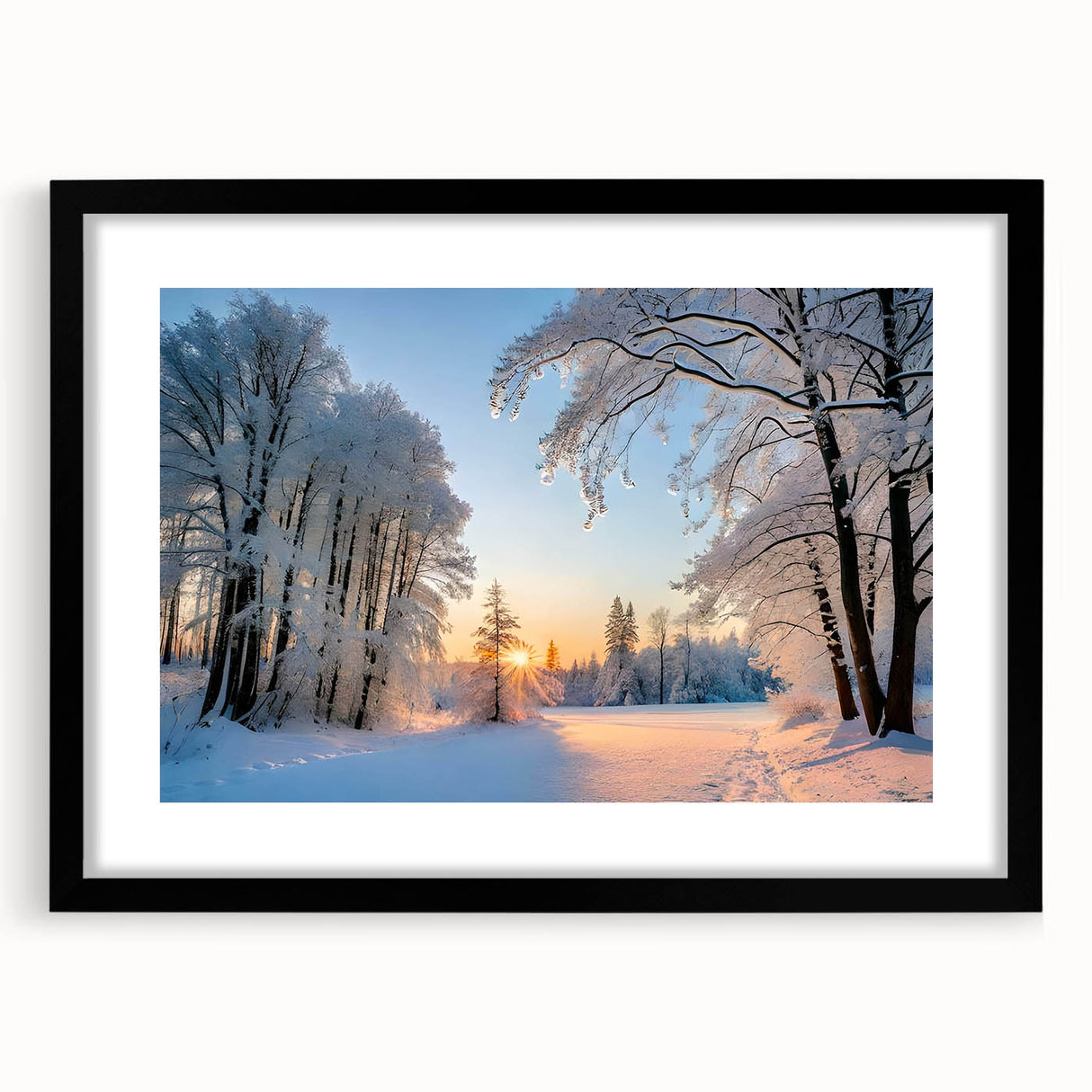 Framed black wall art featuring a serene landscape design with lush green trees and a tranquil atmosphere, perfect for enhancing home décor.