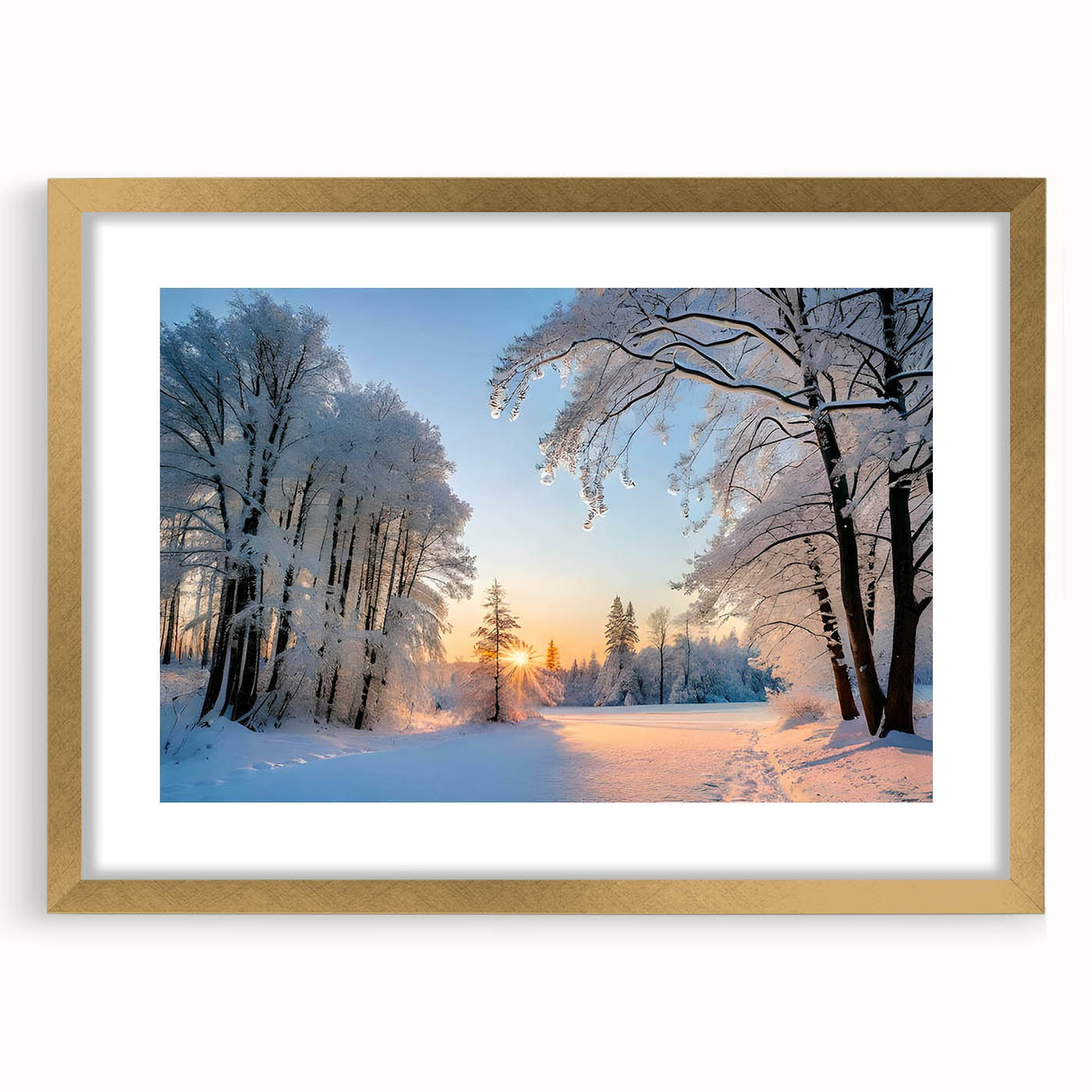 Elegant wall art collection featuring a gold-framed design with matting, showcasing a serene landscape of trees. Ideal for home decor, it adds a touch of nature and sophistication to any room. Perfect for art lovers seeking to enhance their living space with botanical themes and stylish accents.