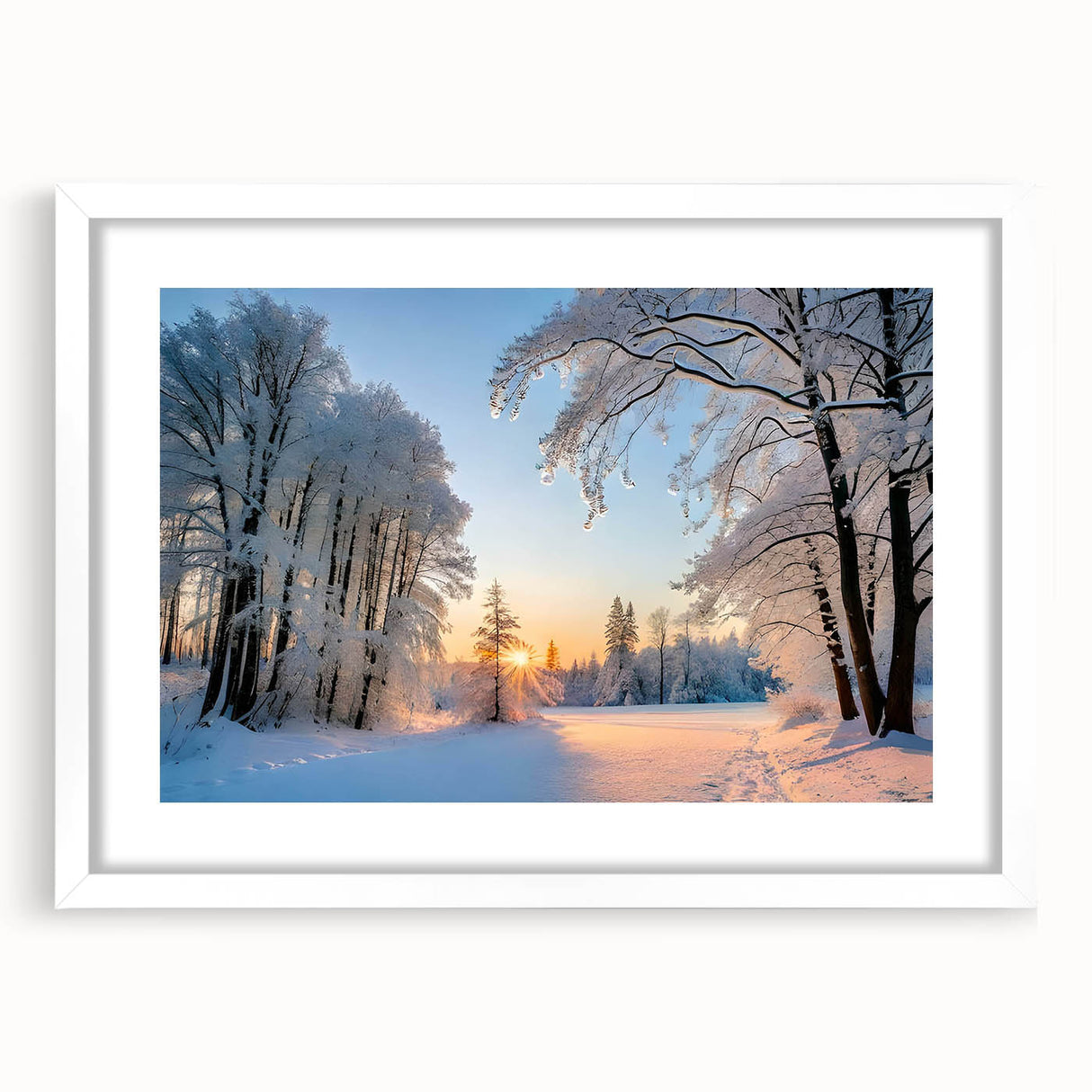 Framed wall art collection showcasing a serene landscape with trees, set in a white mat and frame, ideal for enhancing home decor with natural elegance.