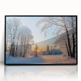 Framed acrylic wall art showcasing a serene landscape with trees, featuring a sleek black frame that enhances the natural colors, perfect for modern home décor.