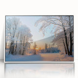 Framed acrylic wall art showcasing a serene landscape with vibrant trees, elegantly displayed with a white frame, perfect for enhancing modern home decor.