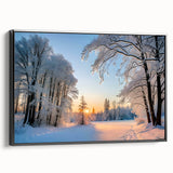 Framed canvas wall art showcasing a serene landscape with lush green trees, designed for modern decor, featuring a sleek black frame and side view display.