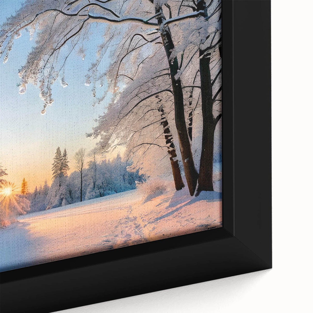 Framed canvas artwork showcasing a detailed close-up of a serene landscape with lush green trees and vibrant foliage, ideal for home decor or art enthusiasts.
