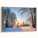 Framed canvas wall art featuring a serene landscape with tall trees against a golden background, ideal for home decor, adding elegance and tranquility to any room.
