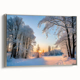 Framed canvas wall art showcasing a serene landscape with lush trees, featuring a silver frame that enhances its elegance, perfect for home decor in modern settings.