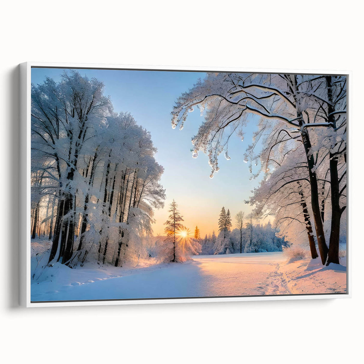 Framed canvas wall art showcasing a serene landscape with lush green trees, designed for elegant home decor, viewed from the side against a white backdrop.