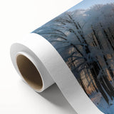 Rolled canvas art print showcasing a vibrant landscape design with lush green trees and a serene blue sky, perfect for home decor and nature enthusiasts.