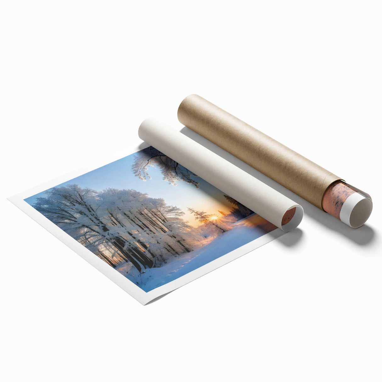 Vibrant rolled print depicting a serene landscape with lush green trees and a tranquil blue sky, ideal for home decor and nature-themed wall art collections.