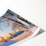 Rolled print showcasing a vibrant landscape design with lush trees and serene colors, ideal for home decor, packaged securely in a protective tube for shipping.