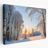 Stretched canvas wall art showcasing a serene landscape with lush green trees and a vibrant sunset, perfect for enhancing home decor with nature-inspired elegance.