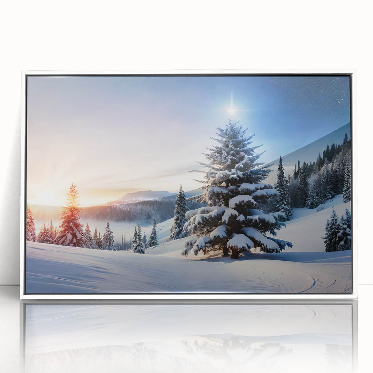 Framed acrylic wall art showcasing a serene landscape with vibrant green trees against a white background, perfect for home decor and nature enthusiasts.
