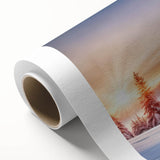 Rolled canvas artwork displaying a vibrant landscape scene with lush green trees and a serene sky, perfect for enhancing interior decor in living spaces.