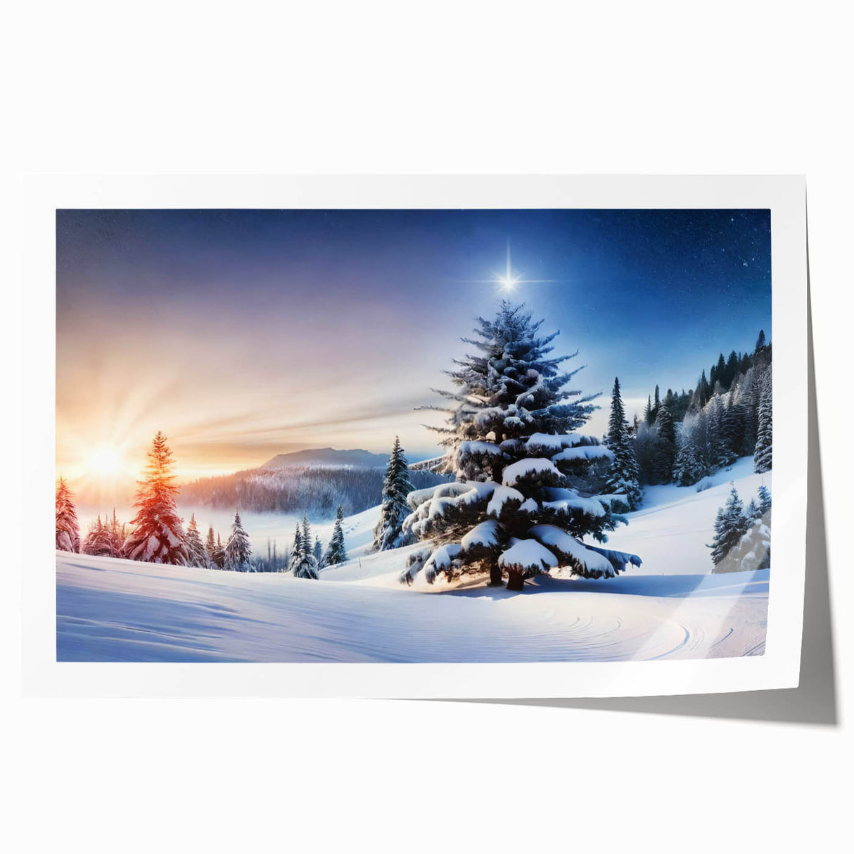 Rolled wall art print showcasing a vibrant landscape design with stylized trees in shades of green and blue, perfect for home decor and interior styling.