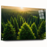Acrylic glass wall art showcasing a vibrant landscape design featuring trees, mounted with pins for a modern touch, perfect for home decor enthusiasts.