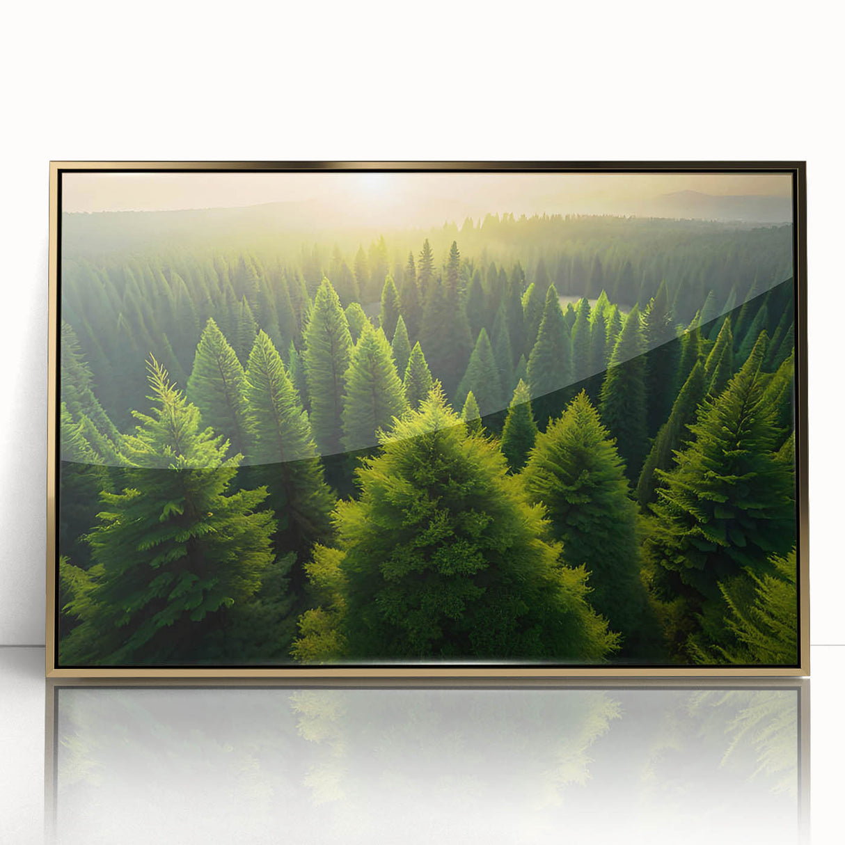 Framed acrylic wall art featuring a stunning landscape design with trees, highlighted by gold accents, perfect for enhancing home decor and creating a serene atmosphere.