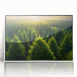 Framed acrylic wall art featuring a serene landscape of trees, designed with a modern aesthetic and a white border, perfect for home decor enhancement.