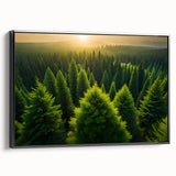 Framed canvas wall art showcasing a vibrant landscape with lush green trees and a serene backdrop, featuring a sleek black frame that complements modern decor.