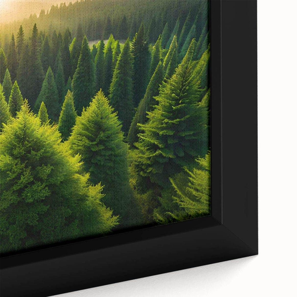 Framed canvas wall art showcasing a vibrant landscape with detailed trees, rich greens, and warm browns, perfect for enhancing home decor and adding nature-inspired elegance.