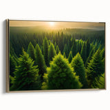 Framed canvas wall art showcasing a serene landscape with vibrant green trees and golden accents, ideal for home decor, adding a touch of nature and elegance.