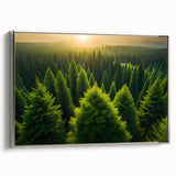 Framed canvas wall art featuring a serene landscape with lush green trees and a silver frame, ideal for adding a calming touch to home decor.