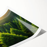 Vibrant landscape wall art print showcasing lush green trees against a serene blue sky, rolled and ready for framing, perfect for home decor enthusiasts.