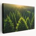 Stretched canvas wall art showcasing a vibrant landscape with tall trees, ideal for home decor. The artwork features rich greens and earth tones, adding a natural touch to any space. Perfect for enhancing interior aesthetics.