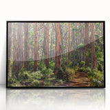 Framed wall art featuring a serene landscape with trees and a vibrant design, showcased in a sleek black frame, perfect for enhancing home decor.