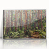 Framed acrylic wall art of a serene landscape featuring lush green trees and a tranquil sky, designed to enhance any modern home decor. Perfect for nature lovers.