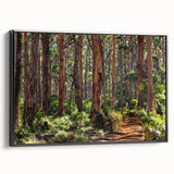 Framed canvas wall art showcasing a serene landscape with lush green trees, black framing, and a side view perspective, perfect for adding tranquility to any room.