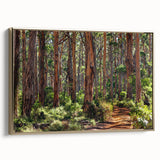 Framed canvas wall art featuring a serene landscape with tall trees and a golden frame, perfect for enhancing modern home décor. Ideal for nature enthusiasts looking to add a touch of tranquility to their space.