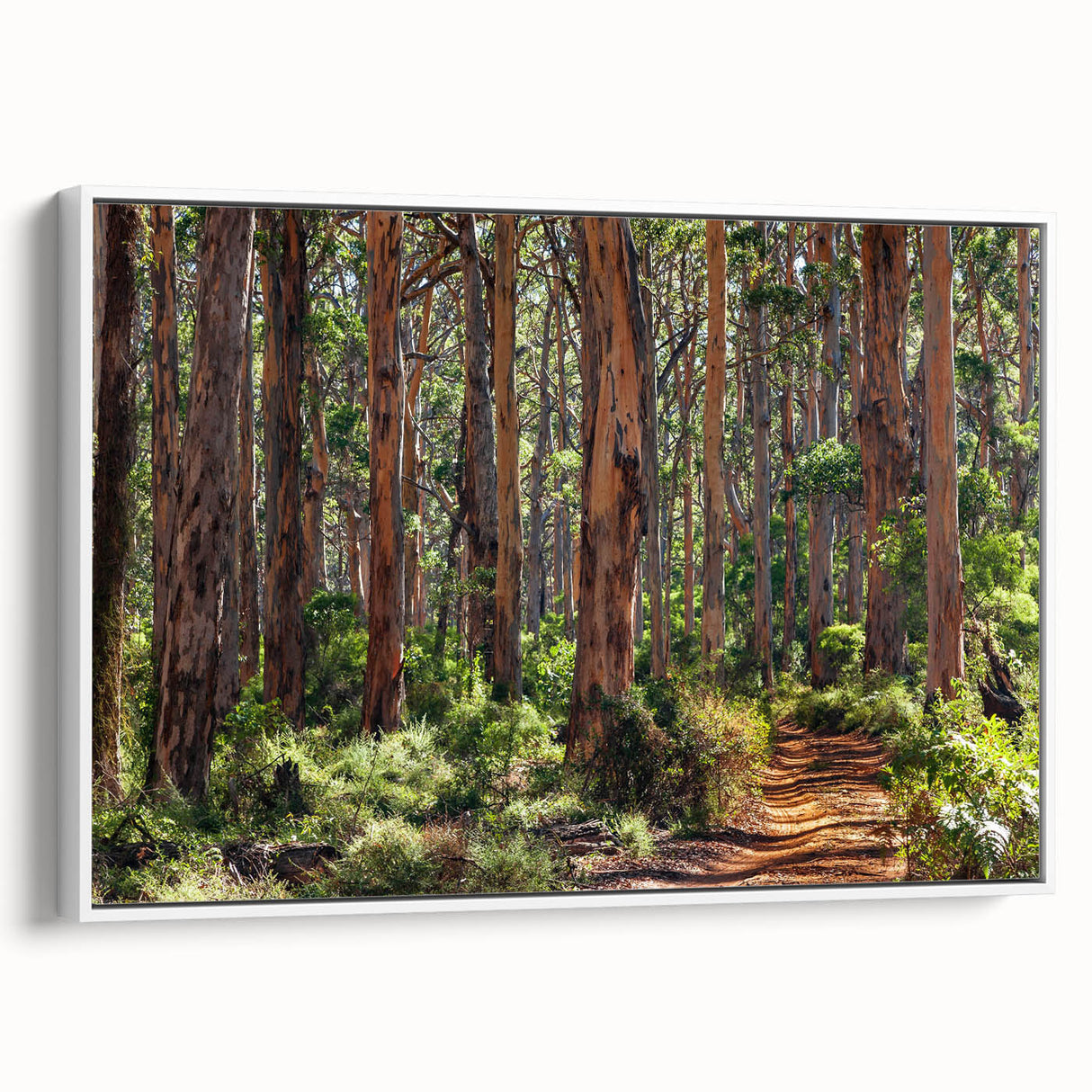 Framed canvas wall art showcasing a serene landscape with trees, featuring a white frame and a side view perspective, perfect for enhancing interior decor.