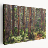 Stretched canvas wall art depicting a serene landscape with vibrant green trees and a calming blue sky, perfect for enhancing home decor and creating a tranquil atmosphere.