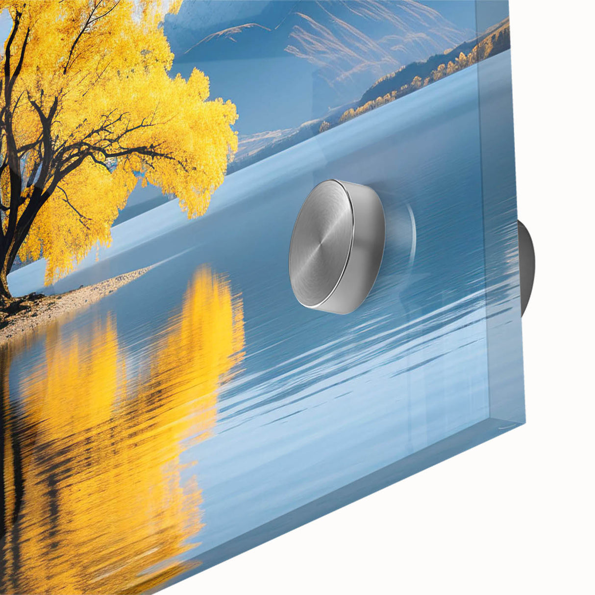 Vibrant close-up of an acrylic glass wall art piece showcasing a serene landscape with lush trees, ideal for modern home decor. Perfect for nature enthusiasts.
