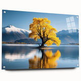 Acrylic wall art piece displaying a vibrant landscape design featuring trees, showcased from a side view with decorative pins for mounting, perfect for modern decor.