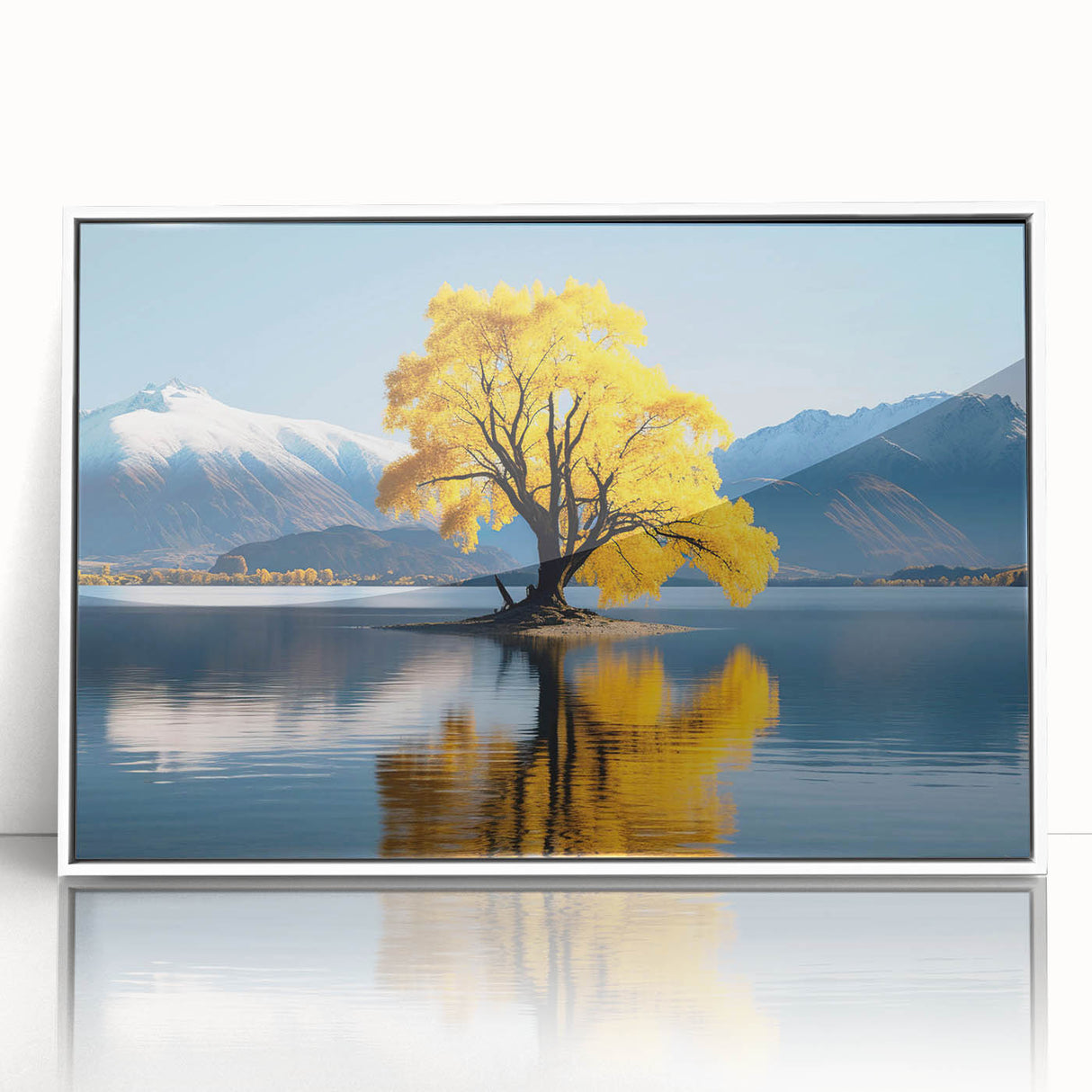 Framed acrylic wall art featuring a serene landscape with lush green trees and a white frame, displayed from a front view, perfect for home decor.