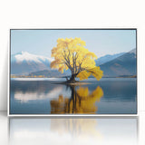 Framed acrylic wall art featuring a serene landscape with lush green trees and a white frame, displayed from a front view, perfect for home decor.