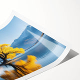 Rolled print showcasing a serene landscape of lush green trees and a tranquil sky, designed for wall art collection, elegantly packaged in a protective tube.